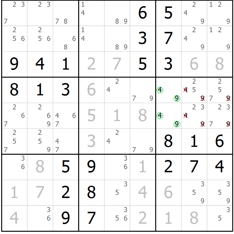 Position des candidats pour la solution de la Gr 61 page 64 du magazine de sudoku Virtuose n° 118