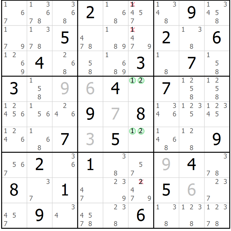 Position des candidats pour la solution de la Gr 62 page 65 du magazine de sudoku Virtuose n° 118