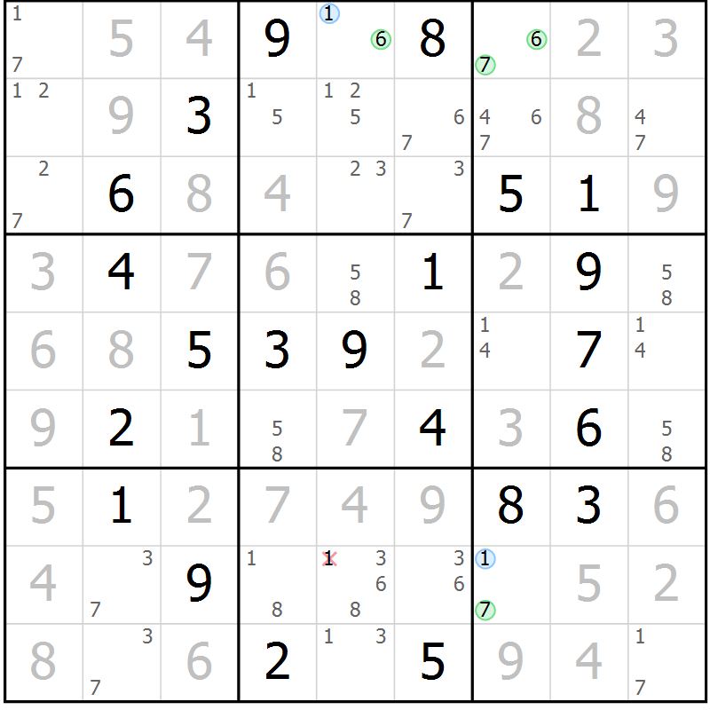 Position des candidats pour la solution de la Gr 64 page 67 du magazine de sudoku Virtuose n° 118