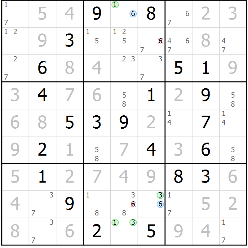 Position des candidats pour la solution de la Gr 64 page 67 du magazine de sudoku Virtuose n° 118