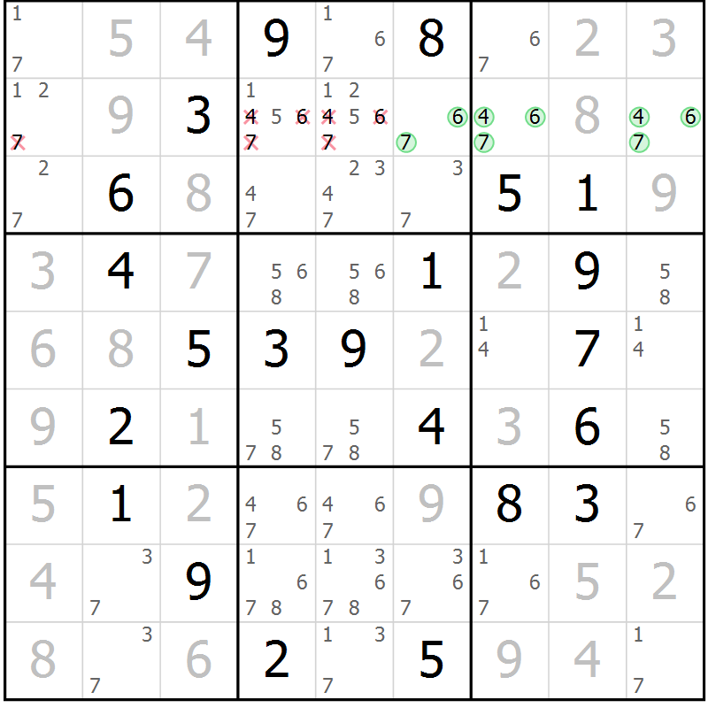 Position des candidats pour la solution de la Gr 64 page 67 du magazine de sudoku Virtuose n° 118