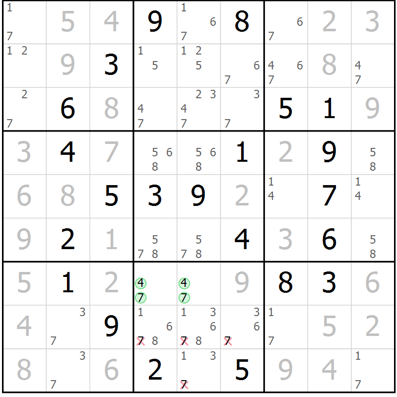 Position des candidats pour la solution de la Gr 64 page 67 du magazine de sudoku Virtuose n° 118