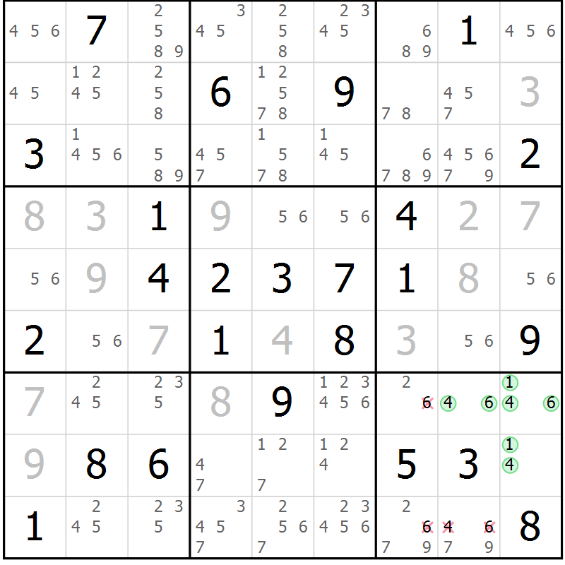Position des candidats pour la solution de la Gr 65 page 68 du magazine de sudoku Virtuose n° 118