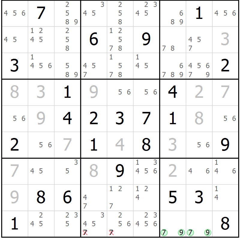 Position des candidats pour la solution de la Gr 65 page 68 du magazine de sudoku Virtuose n° 118