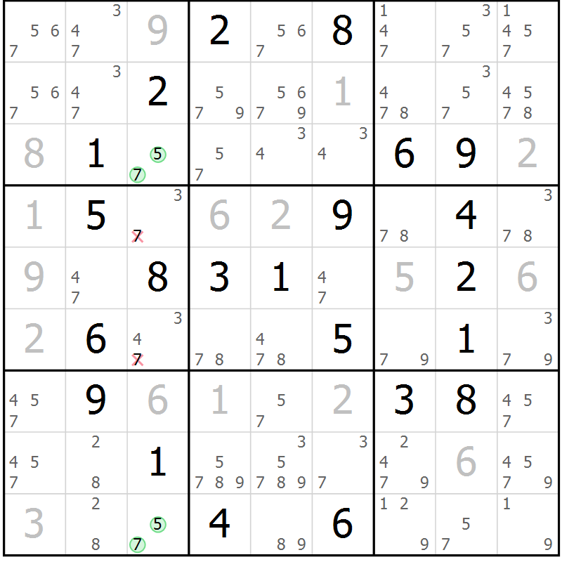 Position des candidats pour la solution de la Gr 67 page 70 du magazine de sudoku Virtuose n° 118