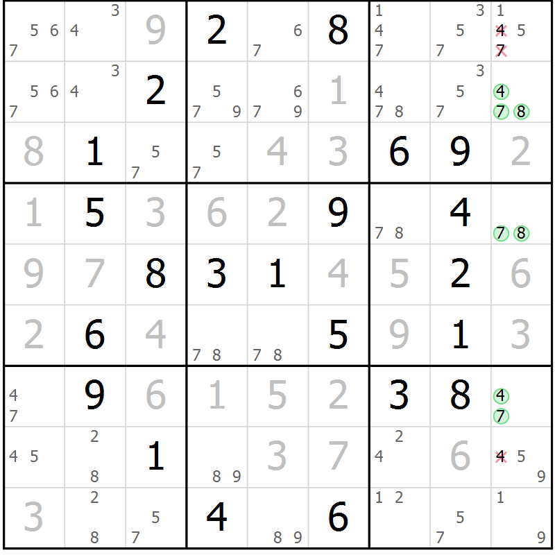 Position des candidats pour la solution de la Gr 67 page 70 du magazine de sudoku Virtuose n° 118