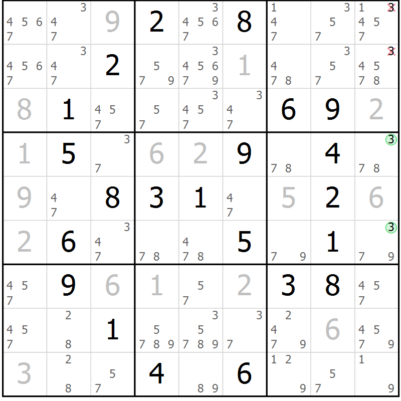 Position des candidats pour la solution de la Gr 67 page 70 du magazine de sudoku Virtuose n° 118