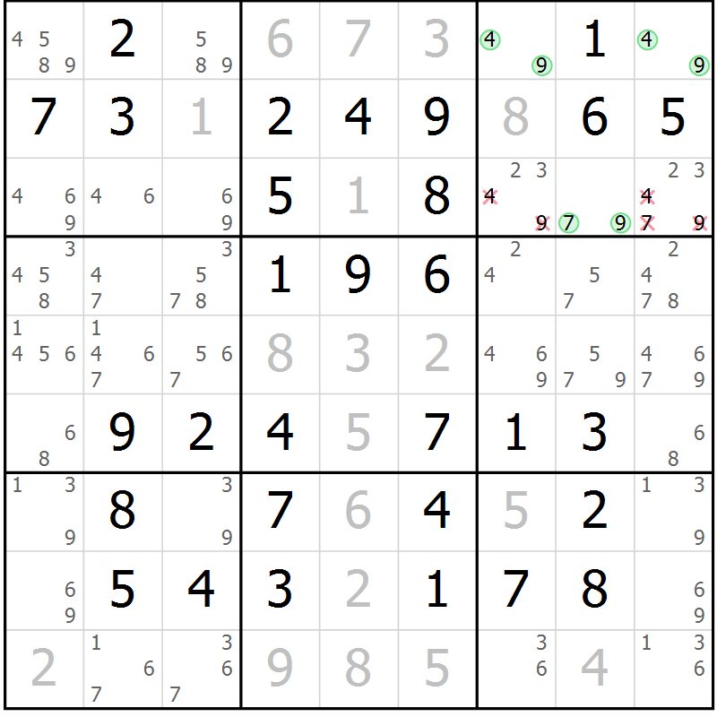 Position des candidats pour la solution de la Gr 68 page 71 du magazine de sudoku Virtuose n° 118