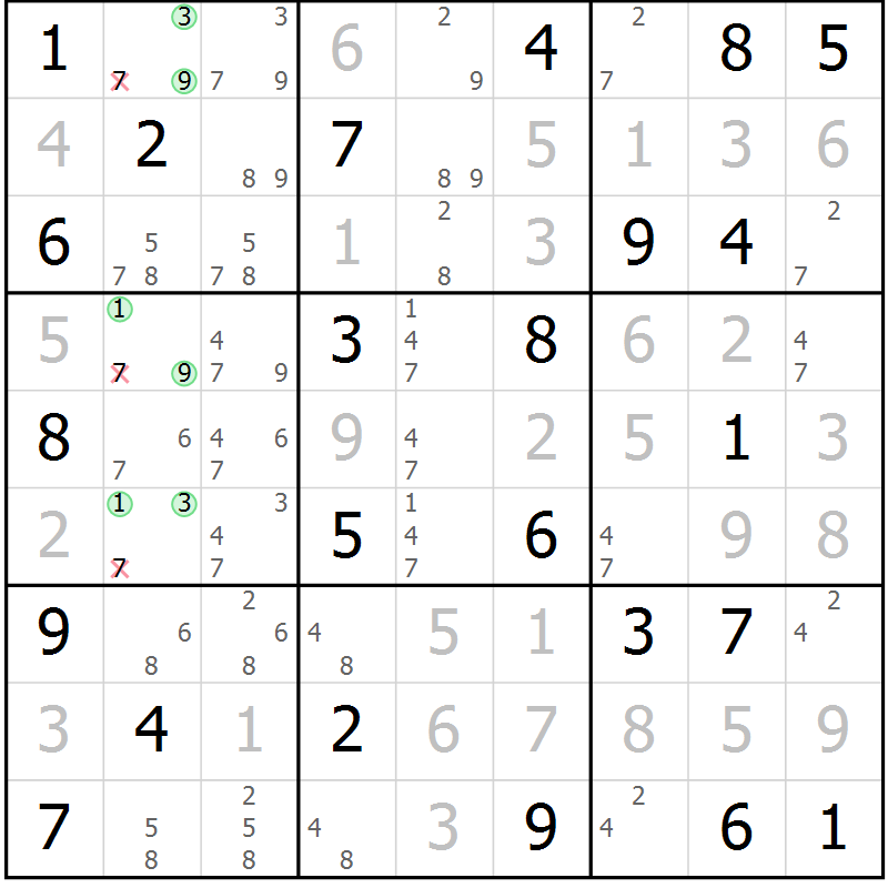 Position des candidats pour la solution de la Gr 69 page 72 du magazine de sudoku Virtuose n° 118