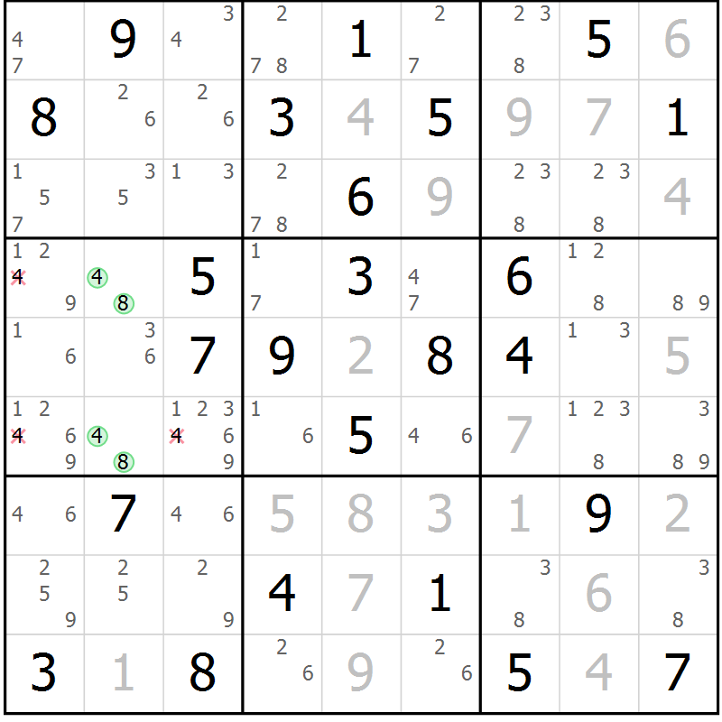 Position des candidats pour la solution de la Gr 71 page 74 du magazine de sudoku Virtuose n° 118