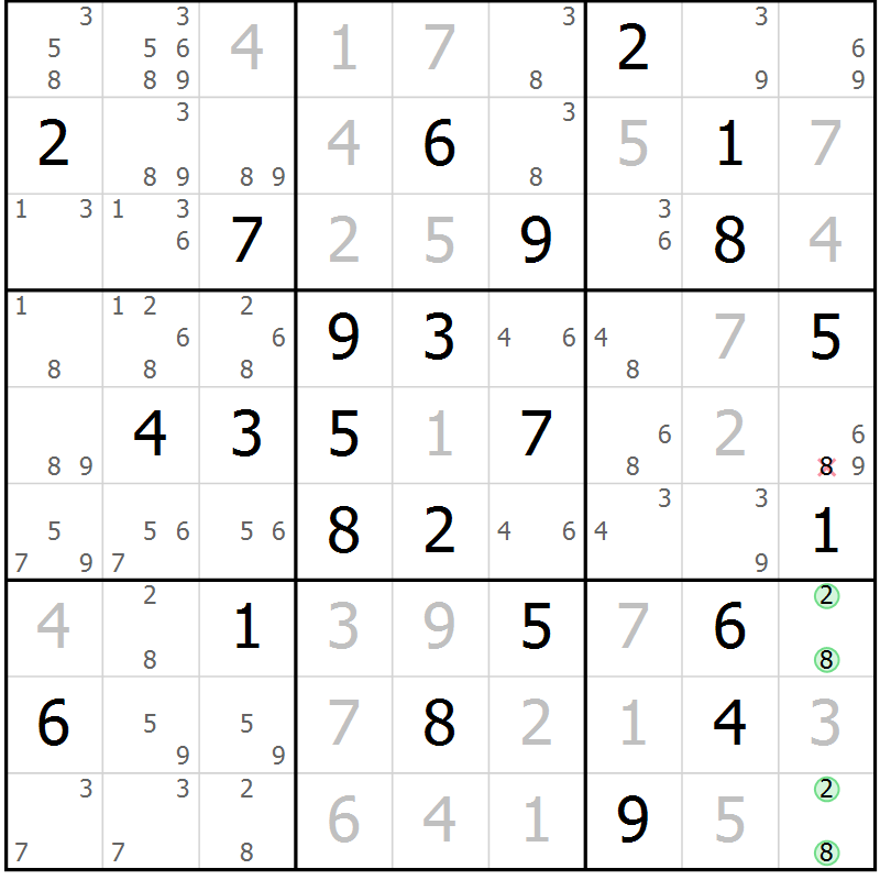 Position des candidats pour la solution de la Gr 72 page 75 du magazine de sudoku Virtuose n° 118