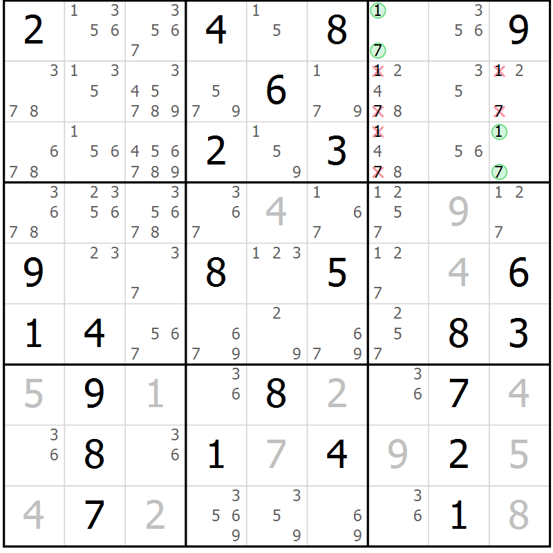 Position des candidats pour la solution de la Gr 73 page 76 du magazine de sudoku Virtuose n° 118