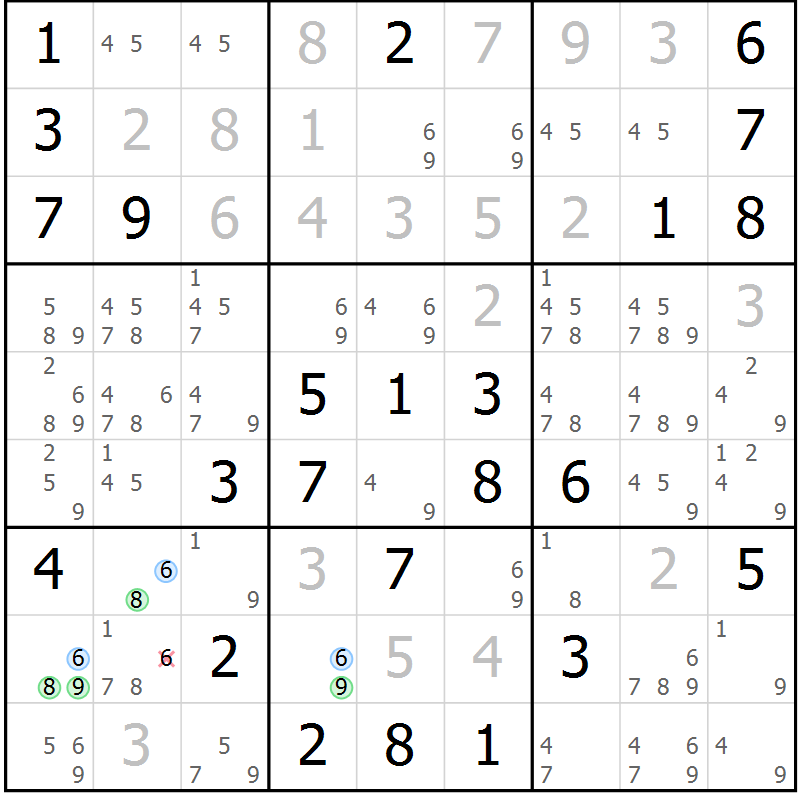 Position des candidats pour la solution de la Gr 74 page 77 du magazine de sudoku Virtuose n° 118
