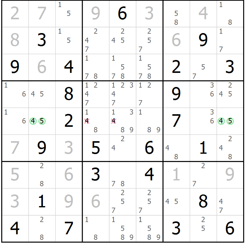 Position des candidats pour la solution de la Gr 75 page 78 du magazine de sudoku Virtuose n° 118