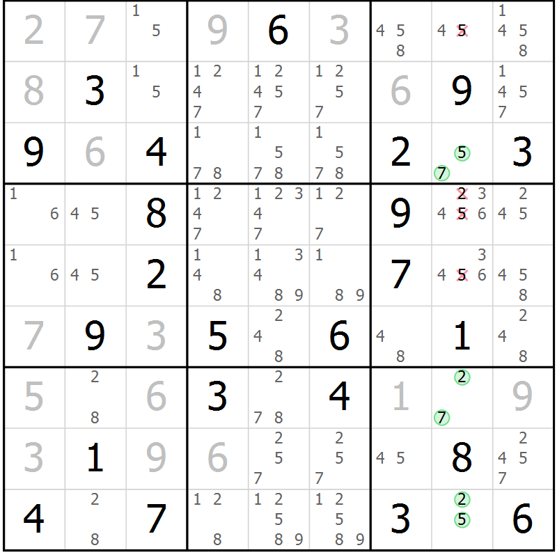 Position des candidats pour la solution de la Gr 75 page 78 du magazine de sudoku Virtuose n° 118