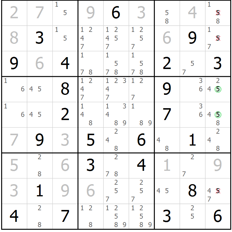 Position des candidats pour la solution de la Gr 75 page 78 du magazine de sudoku Virtuose n° 118