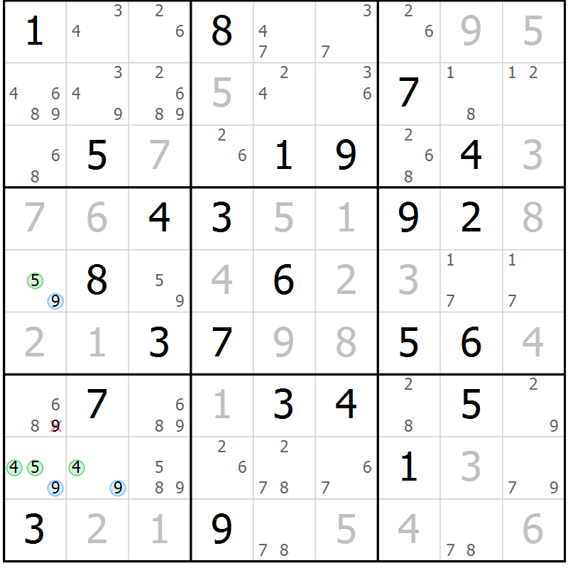 Position des candidats pour la solution de la Gr 76 page 79 du magazine de sudoku Virtuose n° 118