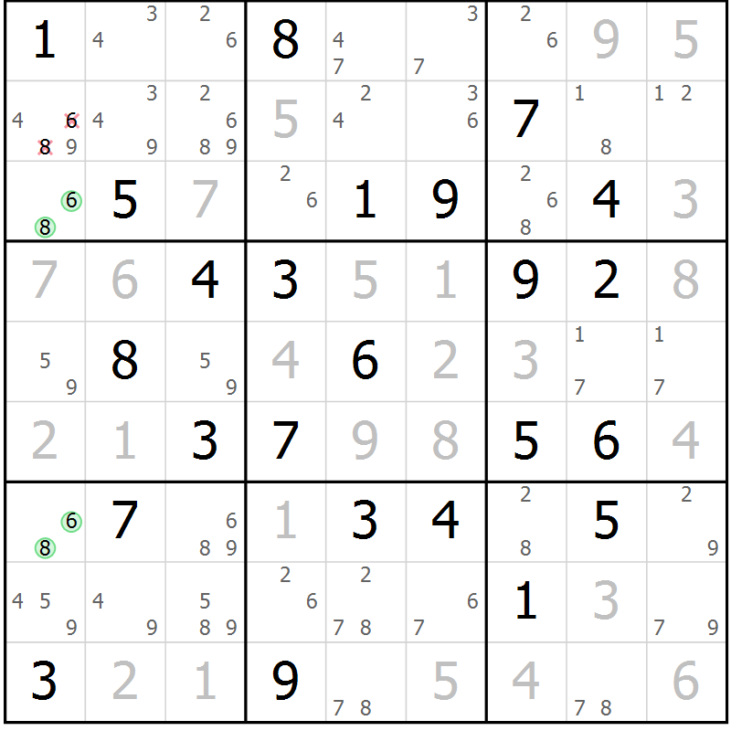 Position des candidats pour la solution de la Gr 76 page 79 du magazine de sudoku Virtuose n° 118