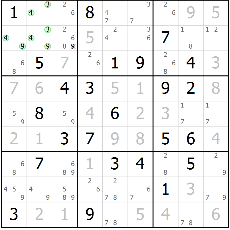 Position des candidats pour la solution de la Gr 76 page 79 du magazine de sudoku Virtuose n° 118