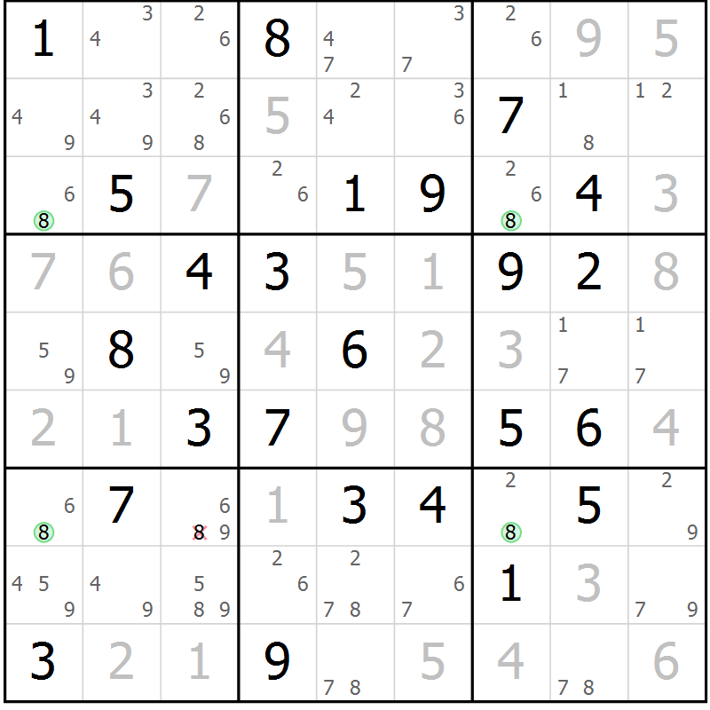 Position des candidats pour la solution de la Gr 76 page 79 du magazine de sudoku Virtuose n° 118