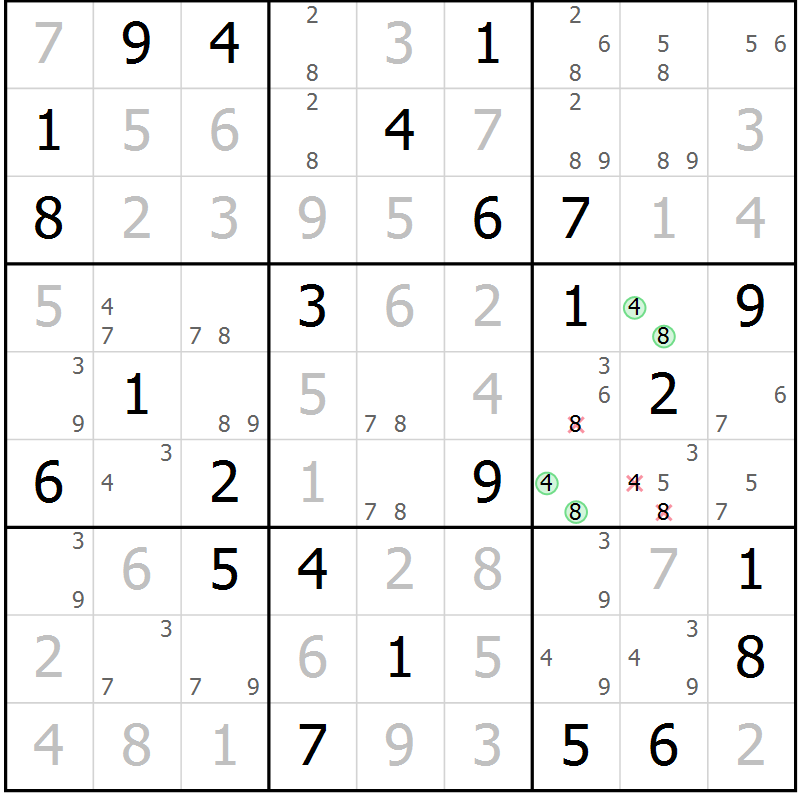 Position des candidats pour la solution de la Gr 79 page 82 du magazine de sudoku Virtuose n° 118