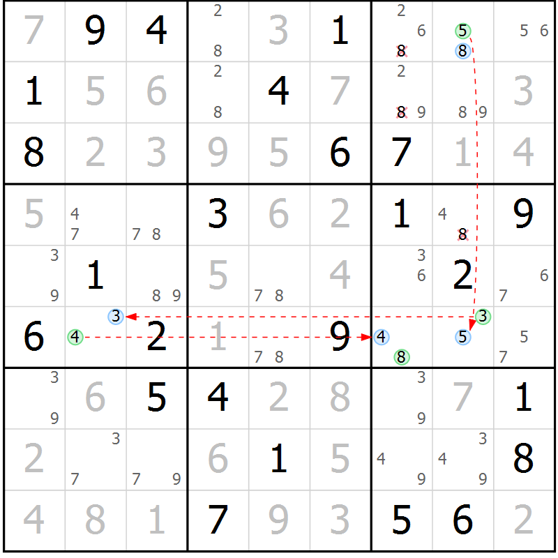 Position des candidats pour la solution de la Gr 79 page 82 du magazine de sudoku Virtuose n° 118