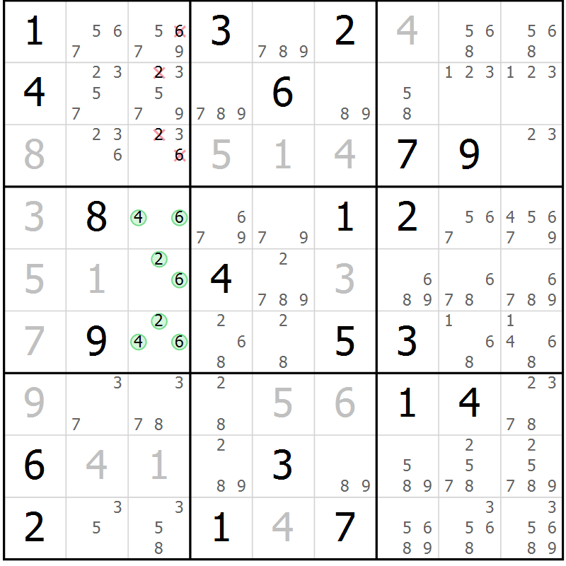 Position des candidats pour la solution de la Gr 8 page 11 du magazine de sudoku Virtuose n° 118