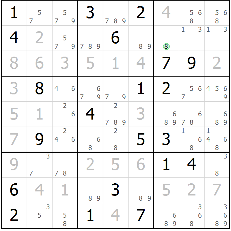 Position des candidats pour la solution de la Gr 8 page 11 du magazine de sudoku Virtuose n° 118
