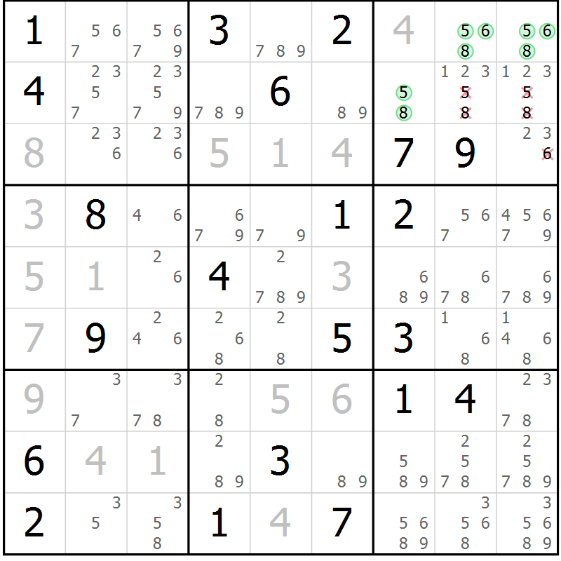 Position des candidats pour la solution de la Gr 8 page 11 du magazine de sudoku Virtuose n° 118