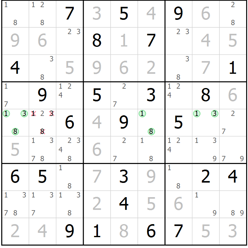 Position des candidats pour la solution de la Gr 80 page 83 du magazine de sudoku Virtuose n° 118