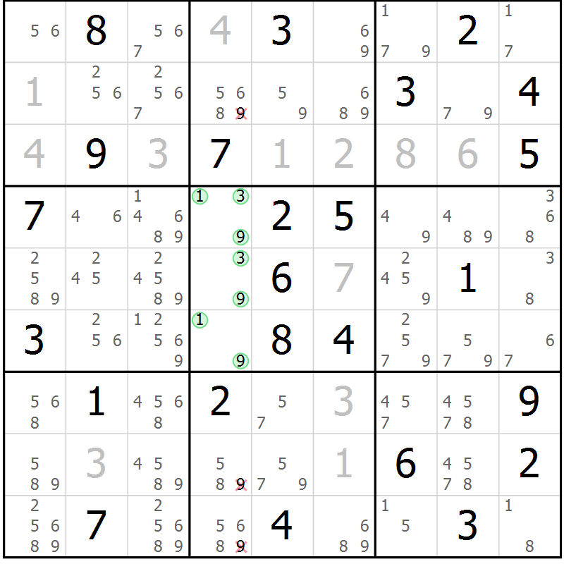 Position des candidats pour la solution de la Gr 81 page 84 du magazine de sudoku Virtuose n° 118