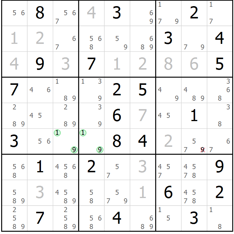 Position des candidats pour la solution de la Gr 81 page 84 du magazine de sudoku Virtuose n° 118