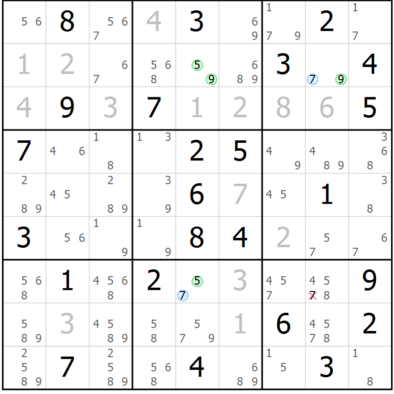 Position des candidats pour la solution de la Gr 81 page 84 du magazine de sudoku Virtuose n° 118