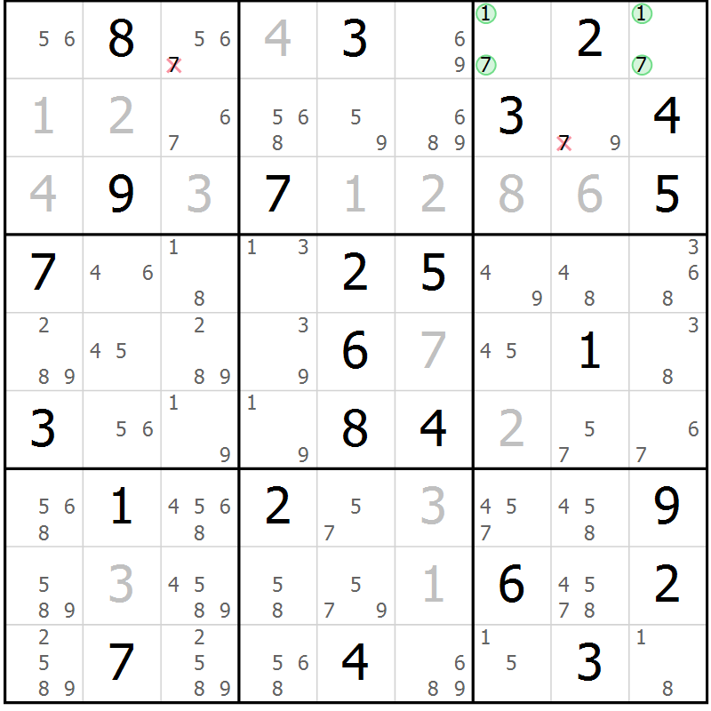 Position des candidats pour la solution de la Gr 81 page 84 du magazine de sudoku Virtuose n° 118
