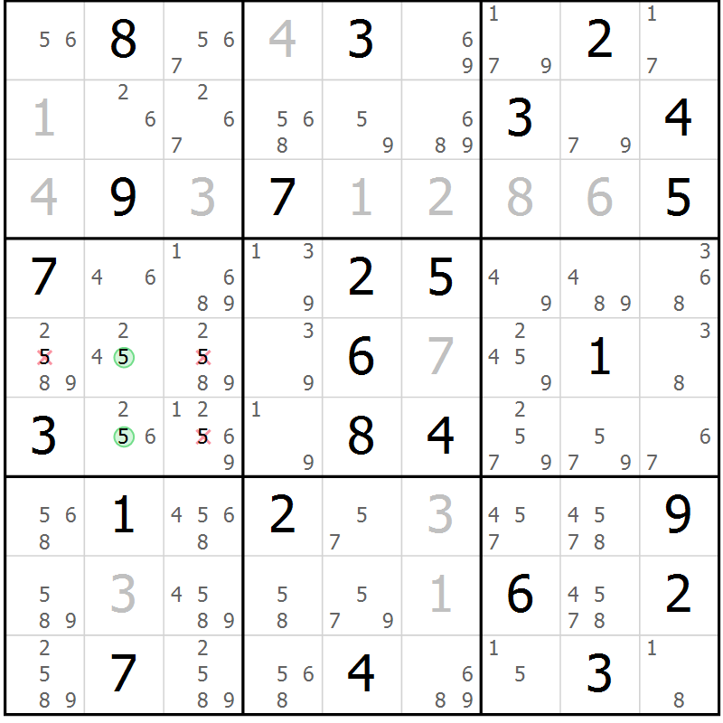 Position des candidats pour la solution de la Gr 81 page 84 du magazine de sudoku Virtuose n° 118