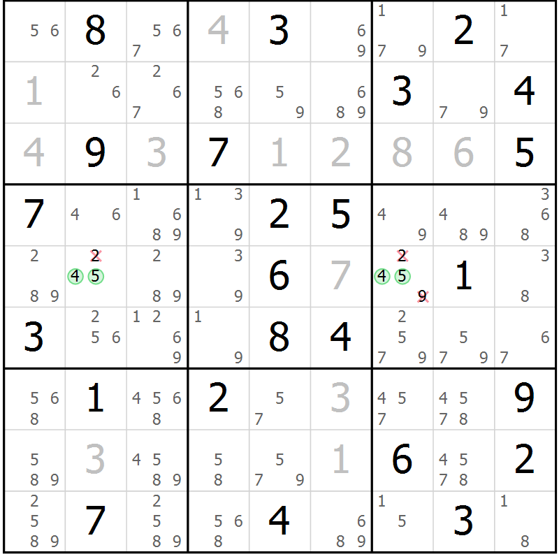 Position des candidats pour la solution de la Gr 81 page 84 du magazine de sudoku Virtuose n° 118