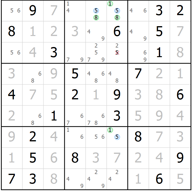 Position des candidats pour la solution de la Gr 82 page 85 du magazine de sudoku Virtuose n° 118