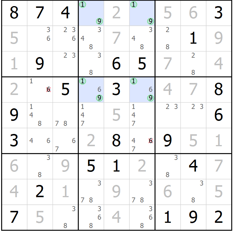 Position des candidats pour la solution de la Gr 84 page 87 du magazine de sudoku Virtuose n° 118