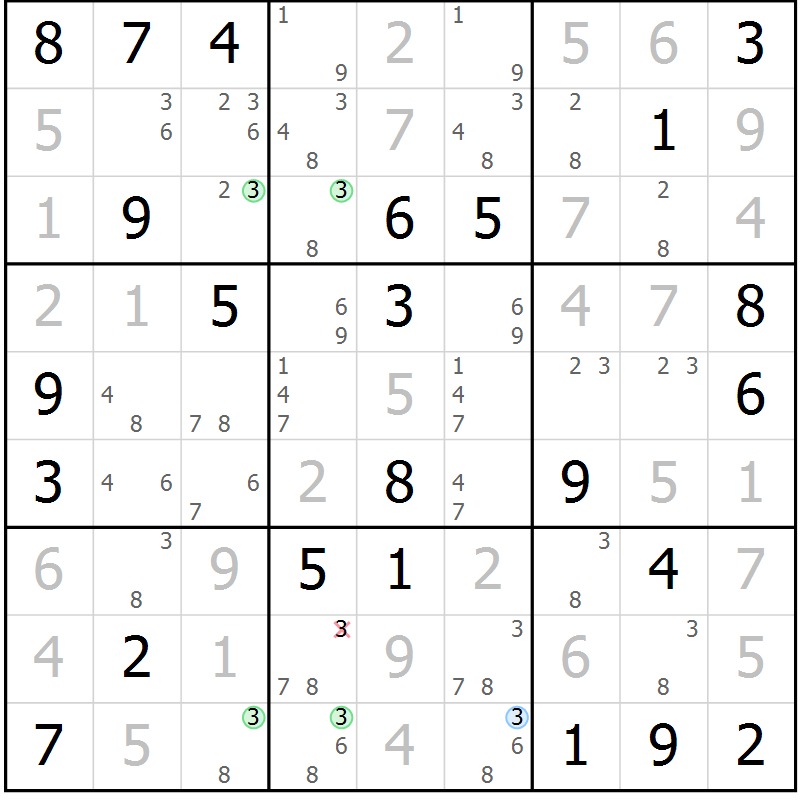 Position des candidats pour la solution de la Gr 84 page 87 du magazine de sudoku Virtuose n° 118
