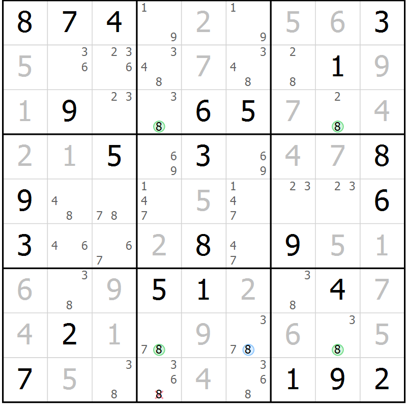 Position des candidats pour la solution de la Gr 84 page 87 du magazine de sudoku Virtuose n° 118