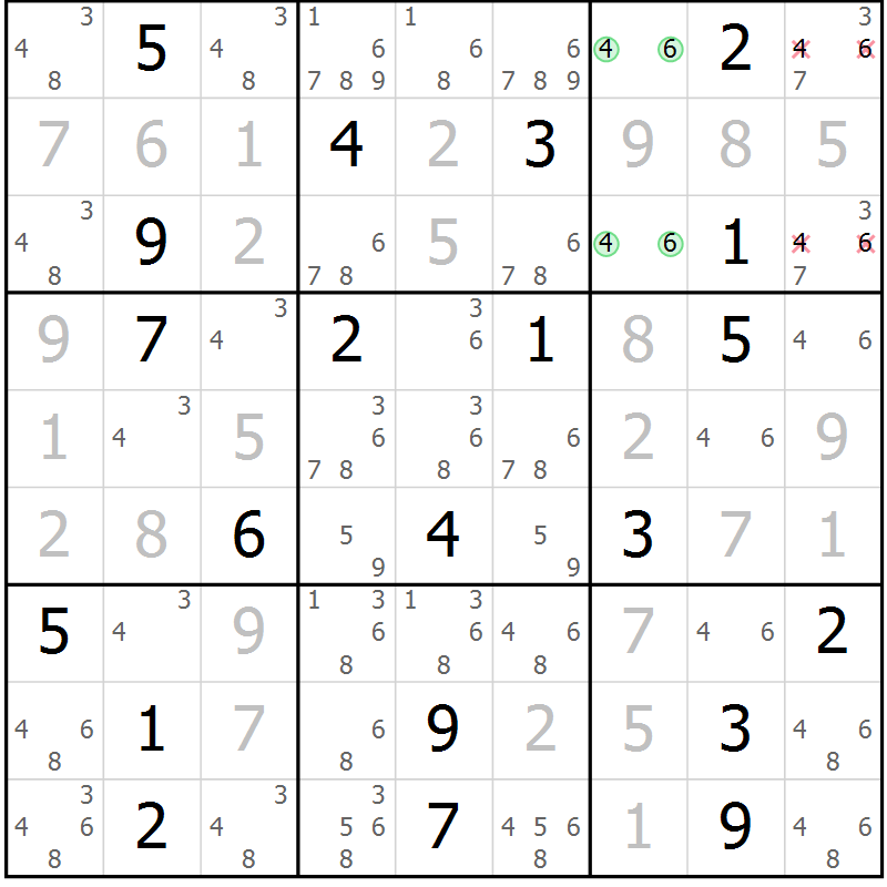 Position des candidats pour la solution de la Gr 9 page 12 du magazine de sudoku Virtuose n° 118