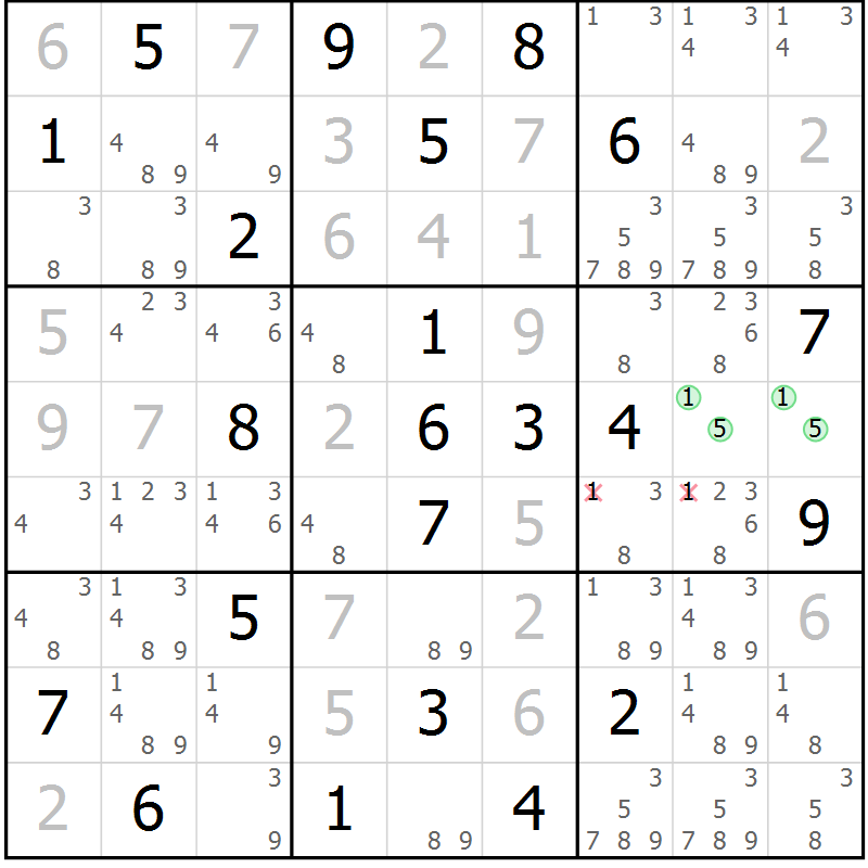 Position des candidats pour la solution de la Gr 10 page 13 du magazine de sudoku Virtuose n° 120