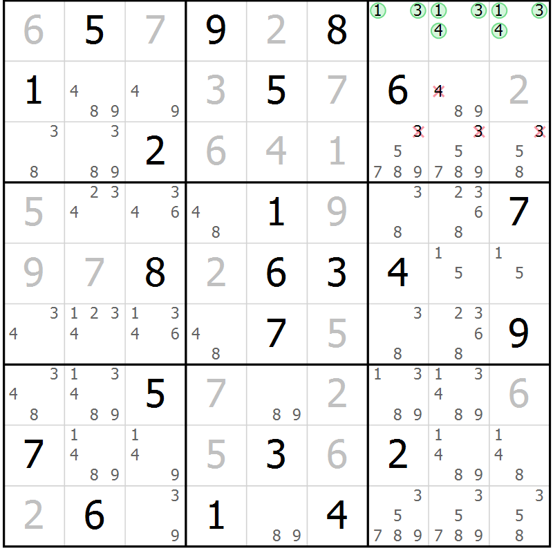 Position des candidats pour la solution de la Gr 10 page 13 du magazine de sudoku Virtuose n° 120