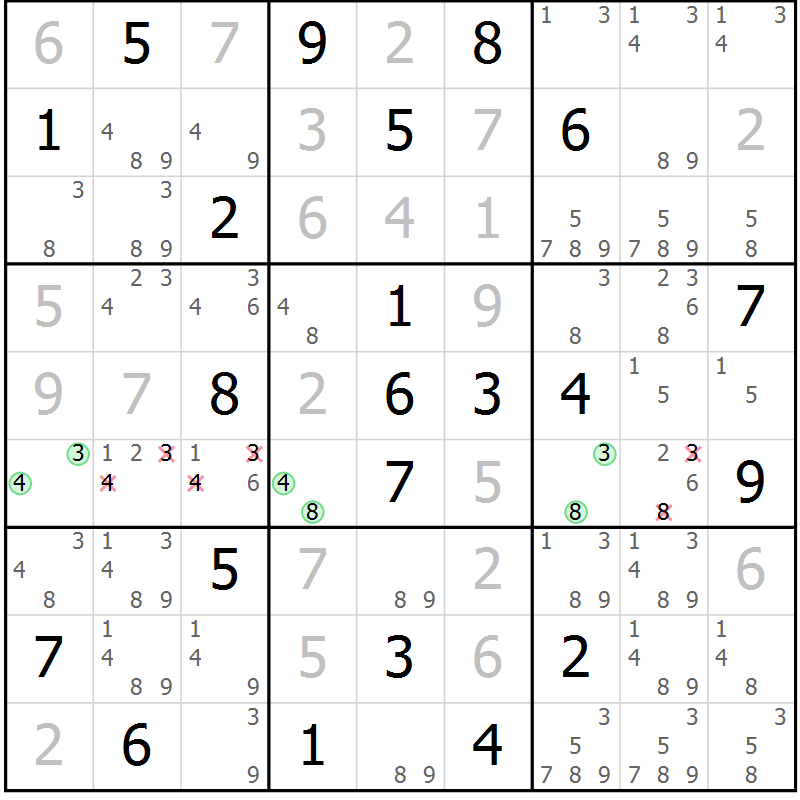 Position des candidats pour la solution de la Gr 10 page 13 du magazine de sudoku Virtuose n° 120