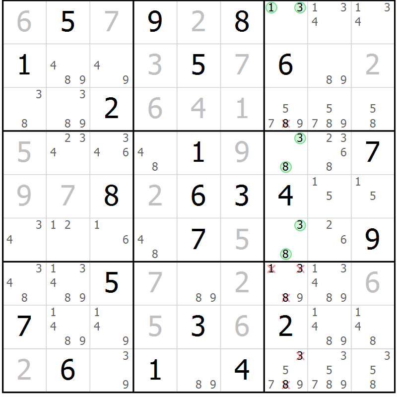 Position des candidats pour la solution de la Gr 10 page 13 du magazine de sudoku Virtuose n° 120