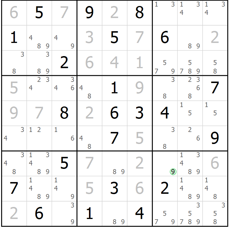 Position des candidats pour la solution de la Gr 10 page 13 du magazine de sudoku Virtuose n° 120