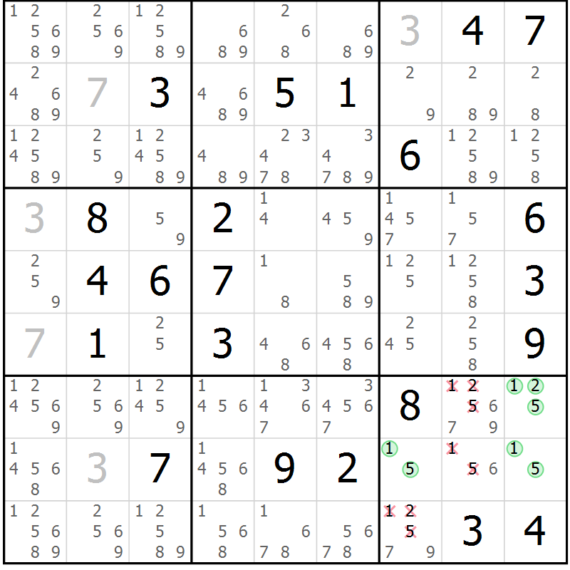 Position des candidats pour la solution de la Gr 12 page 15 du magazine de sudoku Virtuose n° 120