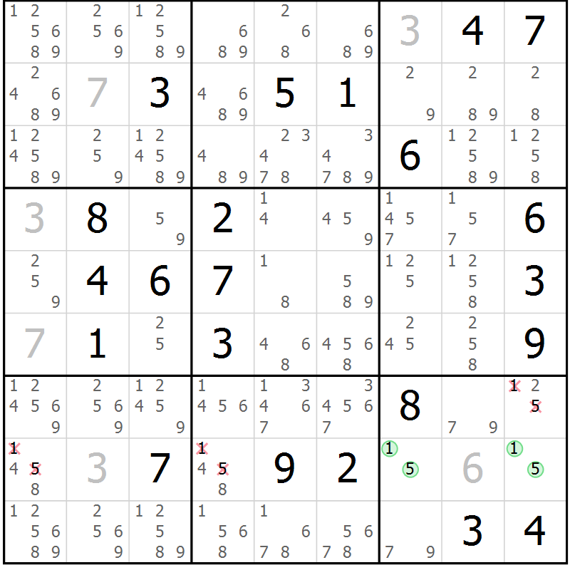 Position des candidats pour la solution de la Gr 12 page 15 du magazine de sudoku Virtuose n° 120