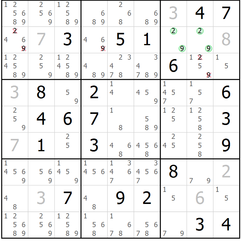 Position des candidats pour la solution de la Gr 12 page 15 du magazine de sudoku Virtuose n° 120