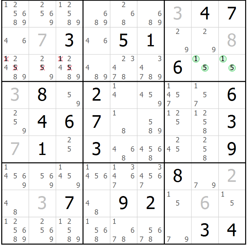 Position des candidats pour la solution de la Gr 12 page 15 du magazine de sudoku Virtuose n° 120